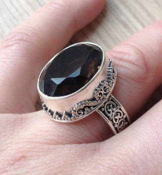 Zilveren edelsteen ring Smokey Topaas vintage setting 18